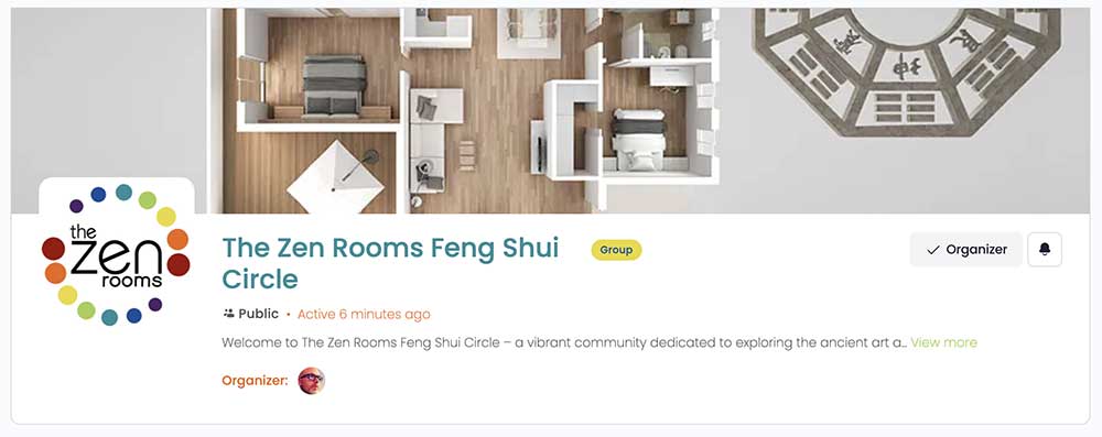 A screen shot of the Zen Rooms Feng Shui Circle. With an image of the zen rooms logo, a room layout and the bagua