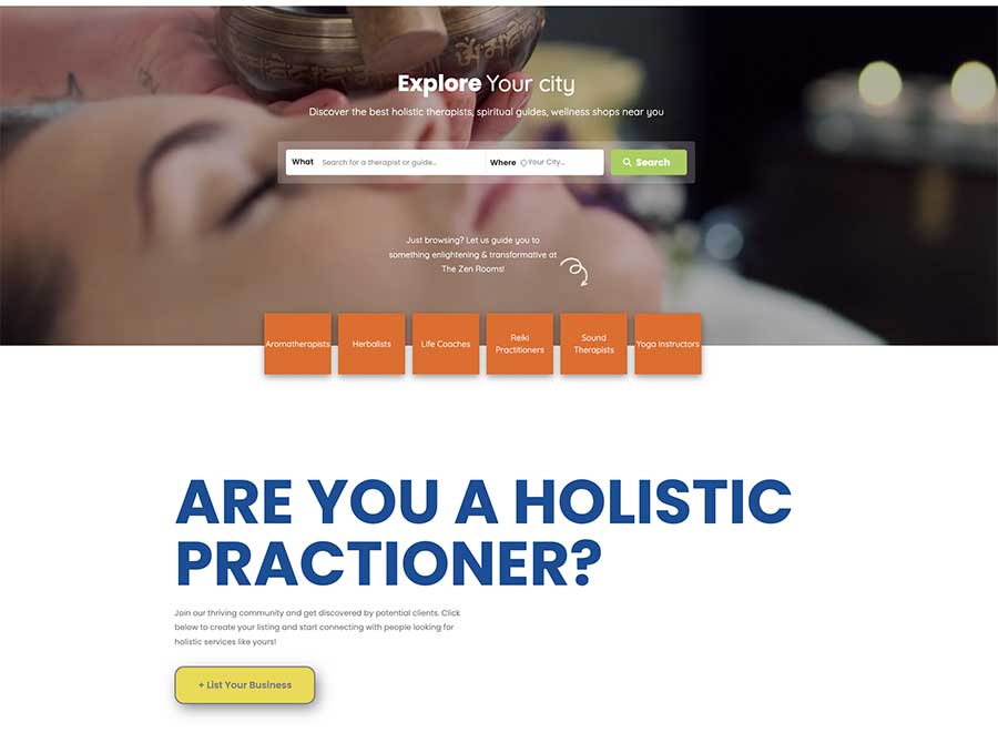 Screenshot of Zen Practitioners Hub - connecting clients with to reflexology experts for holistic wellness