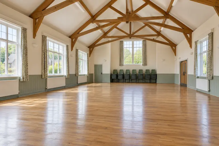 Demo studio hall with wooden flooring and exposed beams